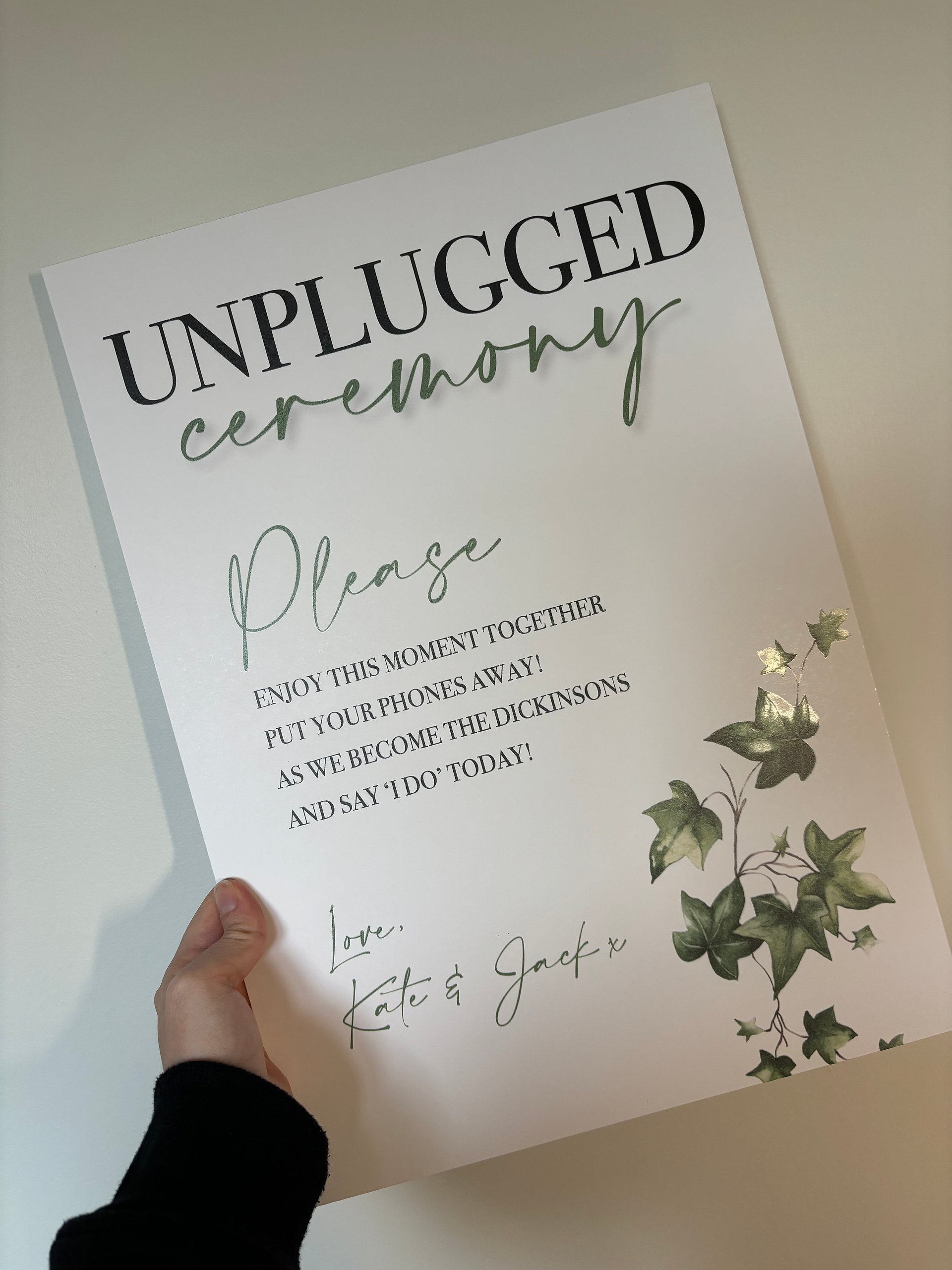 Unplugged wedding ceremony signs with poem and ivy detail