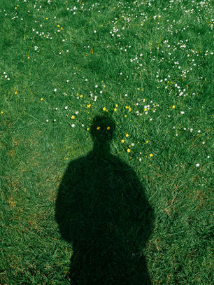 Shadow of a person on green grass with small white and yellow flowers. Two tiny yellow flowers on the shadow of the head could seem like eyes.