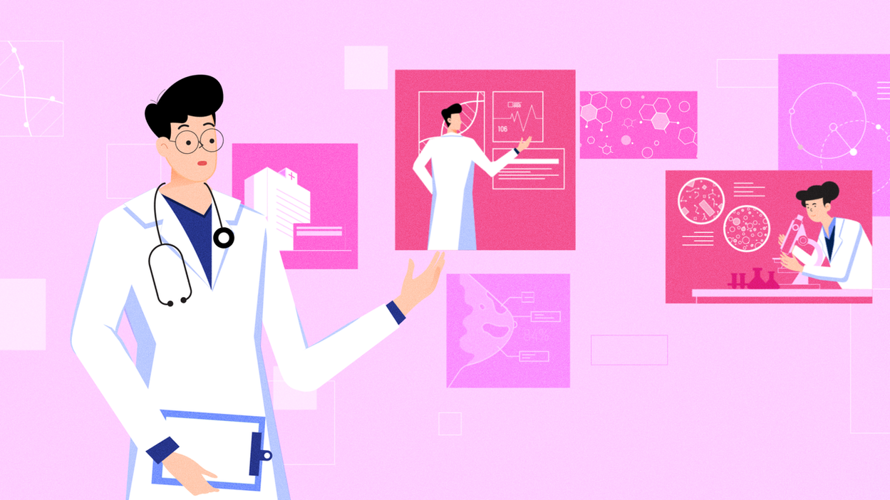 의료 데이터와 검진 정보를 디지털 인포그래픽 패널로 설명하는 전문의, 과학적 신뢰성을 시각적으로 전달