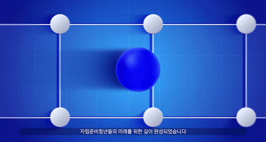 중앙의 파란 구체가 선으로 연결된 흰색 노드들 중심에 배치되어, 자립준비청년을 위한 지원 시스템이 완성되는 과정을 2.5D 모션그래픽으로 시각화한 장면