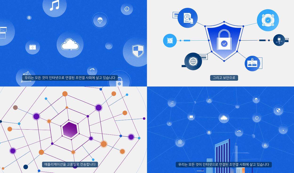 보안 솔루션 인포그래픽 영상 장면으로 IoT 연결, 보안 인프라, 애플리케이션 구조, 데이터 연결 시각화를 아이콘으로 구성