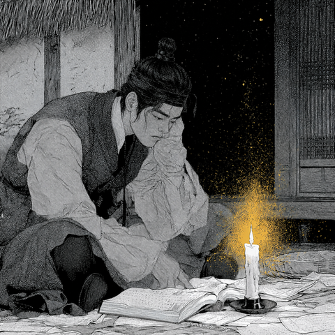 생성형 AI 흑백 펜화 일러스트, 조선 시대 선비가 방 안에서 촛불을 켜고 고서를 읽는 장면, 서책과 한지 문서 더미 사이로 금빛 불꽃이 번지는 고전 감성 아트