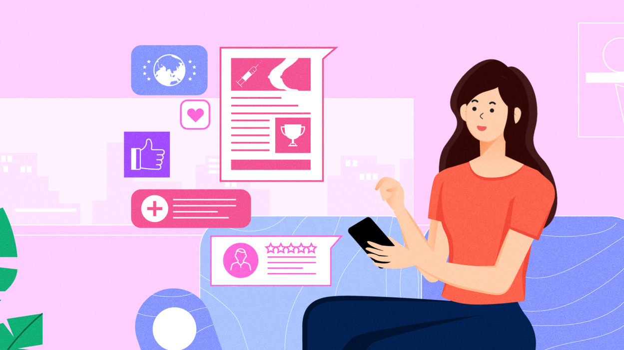 건강 콘텐츠, 의학정보, 의료 가이드가 시각 패널로 펼쳐지며 유방암 관련 정보를 직관적으로 제공하는 인포그래픽 구성