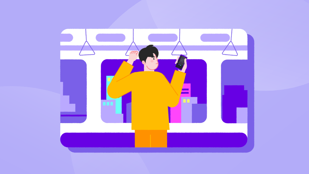 대중교통을 이용하며 모바일 디바이스로 코딩을 하는 사용자 일러스트