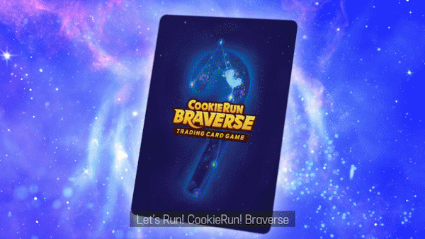 쿠키 캐릭터가 중심이 된 카드게임 일러스트 모션그래픽 장면, 쿠키런 브레이버스의 세계관을 담은 유쾌한 탐험과 수집형 카드게임 비주얼