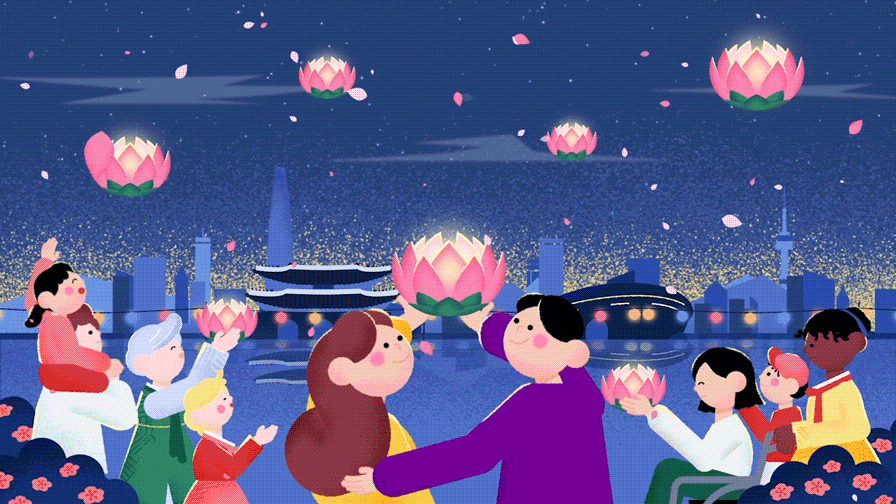 전통 불교 연꽃등이 밤하늘을 떠다니며 연등회가 마음과 세상을 환히 비추는 문화행사임을 전달하고, 행사 메시지를 감성적으로 강조하는 마무리 엔딩 모션그래픽 슬로건 장면