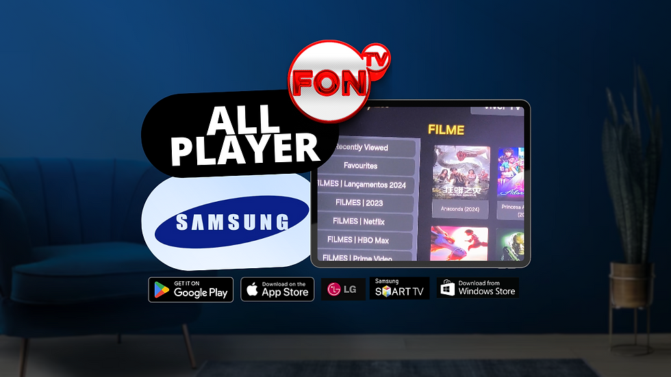 Smart TV exibindo uma interface de streaming de filmes com os logotipos 'ALL PLAYER' e 'SAMSUNG' e emblemas de download.