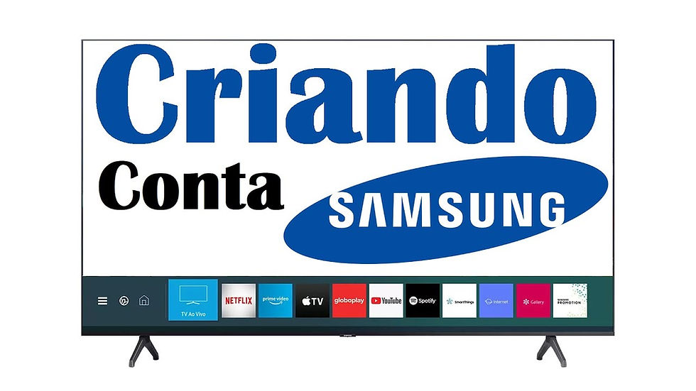 TV da Samsung mostrando a tela inicial de configuração. A TV exibe um fundo branco com o título "Como criar conta Samsung