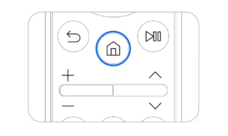 Um close-up de um controle remoto branco com botões de navegação, um botão home central destacado em azul, controle dUm close-up de um controle remoto branco com botões de navegação, um botão home central destacado em azul, controle de volume e botões de reproduzir/parar.e volume e botões de reproduzir/parar.