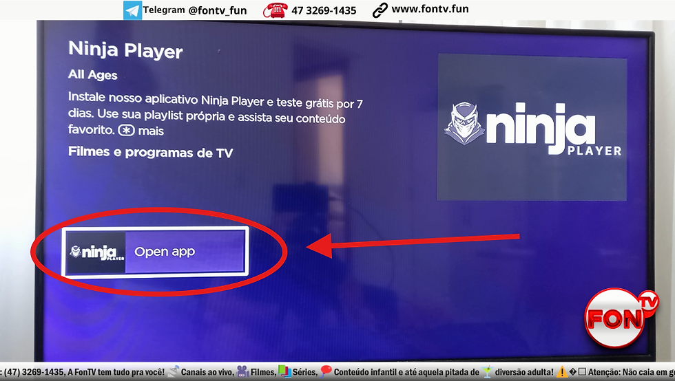 Tela de TV exibindo a promoção do aplicativo Ninja Player com o botão "Abrir aplicativo" em destaque.