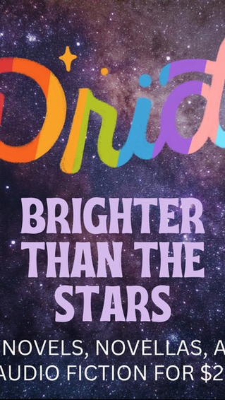 A galactic vista, filled with stars. The word Pride appears in large semi-cursive text in several pride flag colors. Underneath, in light purple, the name of the bundle--Brighter Than the Stars