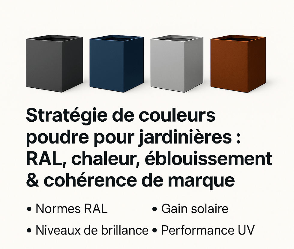 Quatre jardinières colorées (noir, bleu, gris, marron) sur fond blanc. Texte: Stratégie de couleurs pour jardinières et normes.