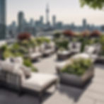 A hyper-realistic image of a rooftop garden atop a luxury Toronto condominium, featuring oversized rectangular aluminum planters with lush greenery and flowers. The space includes lounge chairs and a cityscape view with recognizable Toronto landmarks like the CN Tower and Rogers Centre in the background. The planters are painted in neutral tones to complement the modern architecture.