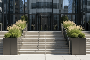 stylish commercial building entrance with tall, rectangular metal planters-min.png