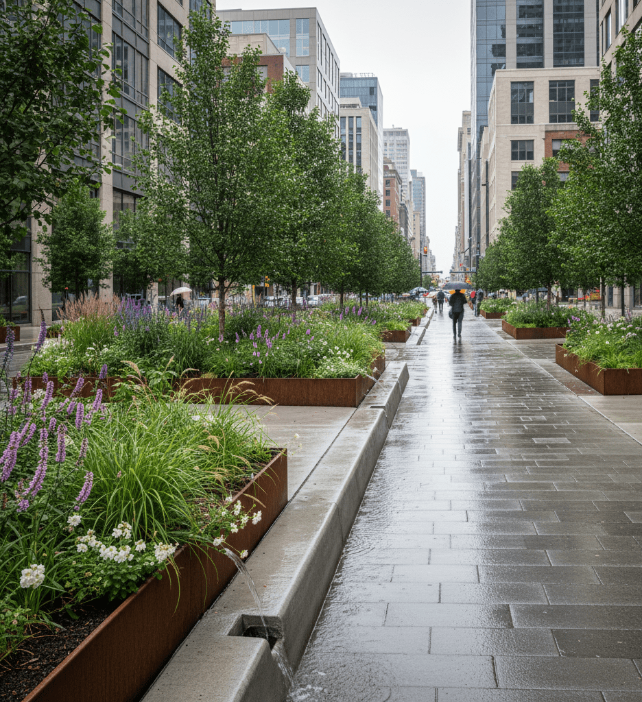 Wet city street with green planters lining a walkway. Two people walk under umbrellas. Tall buildings stand on either side, creating an urban feel.
