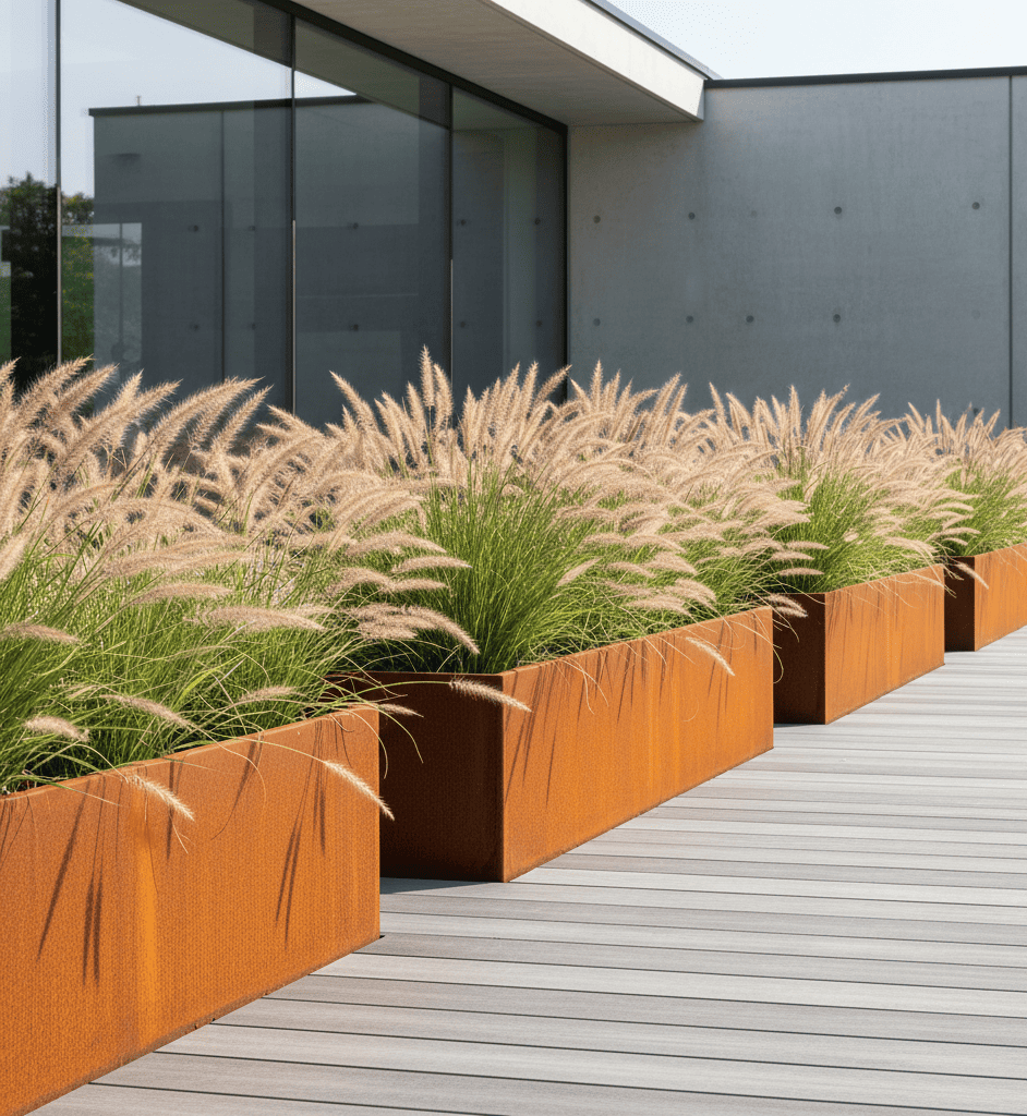 Ornamental grasses in rust-colored planters line a modern wooden deck outside a sleek, glass-paneled building, creating a serene atmosphere.