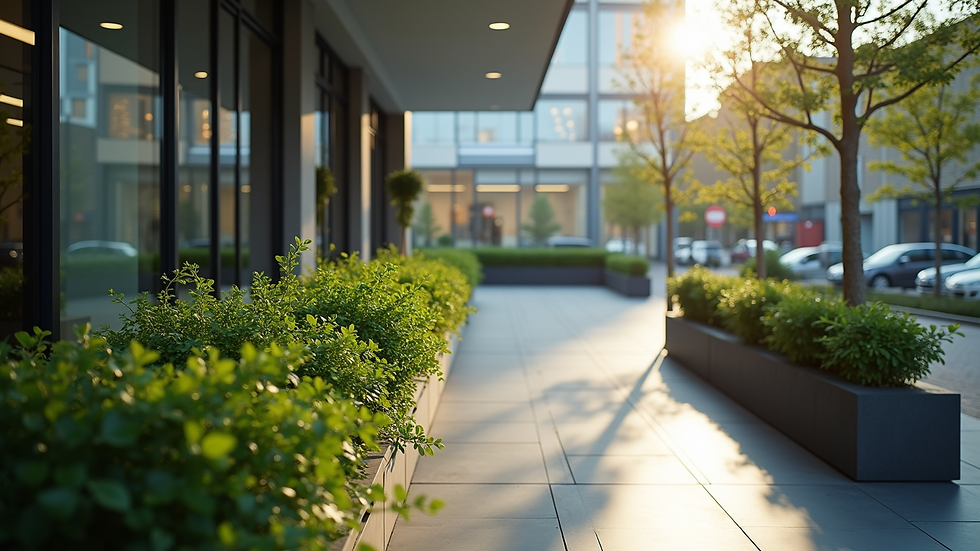 Vue à hauteur d'œil d'un bureau moderne avec une jardinière urbaine verte