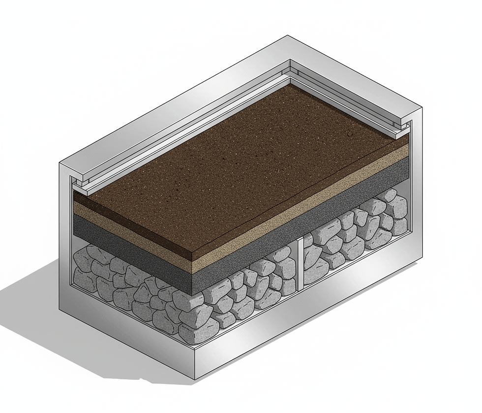 Vue en coupe d'une structure stratifiée de sol et de pierres dans un récipient transparent. Les couches comprennent de la terre, du gravier et de grosses pierres.