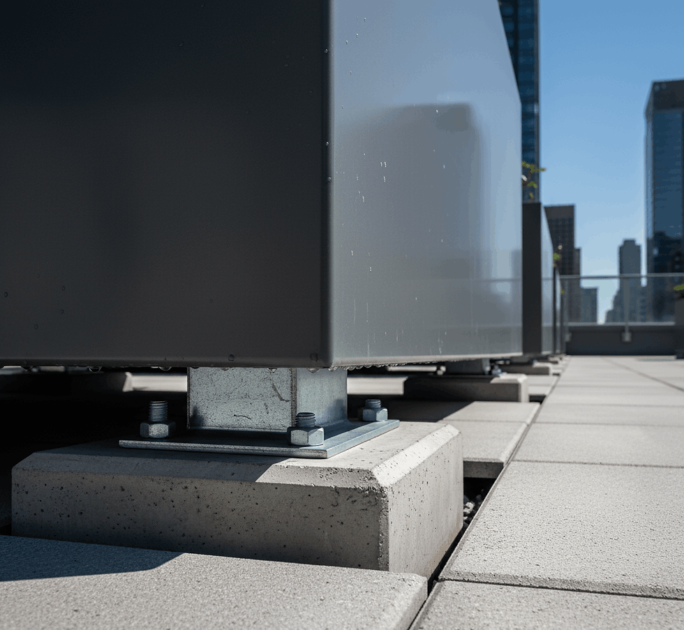 Gros plan sur un appartement en toiture fixé sur des blocs de béton, avec un paysage urbain en arrière-plan. Le ciel est dégagé et bleu.