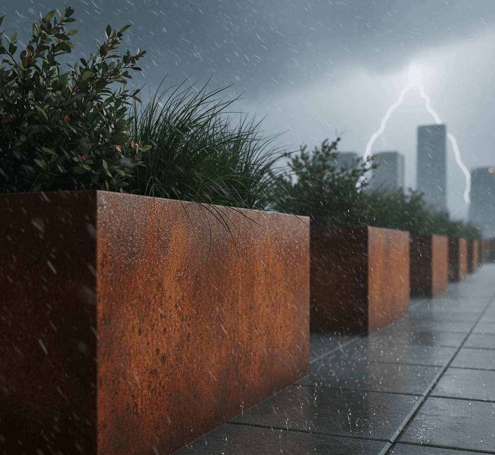 Des jardinières rouillées, garnies de plantes d'un vert luxuriant, bordent le trottoir détrempé de la ville sous une pluie battante. La foudre zèbre le ciel gris et nuageux.