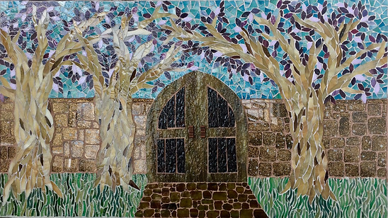 "Eastern Gate" was inspired by an 11th Century Irish poem. Stained glass mosaic on a hard background. This is beautiful hanging on a wall.
