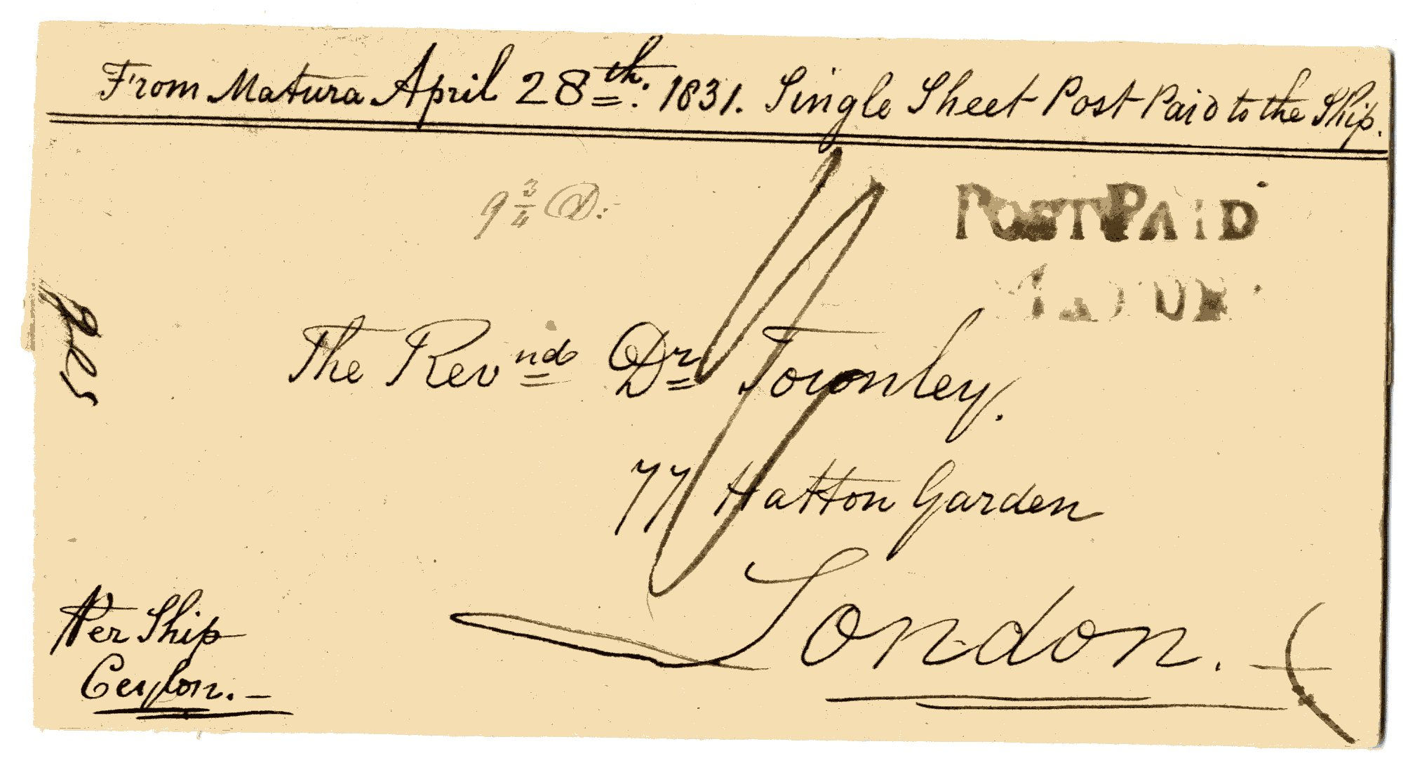 Brief von Ceylon nach UK vom 28.4.1831