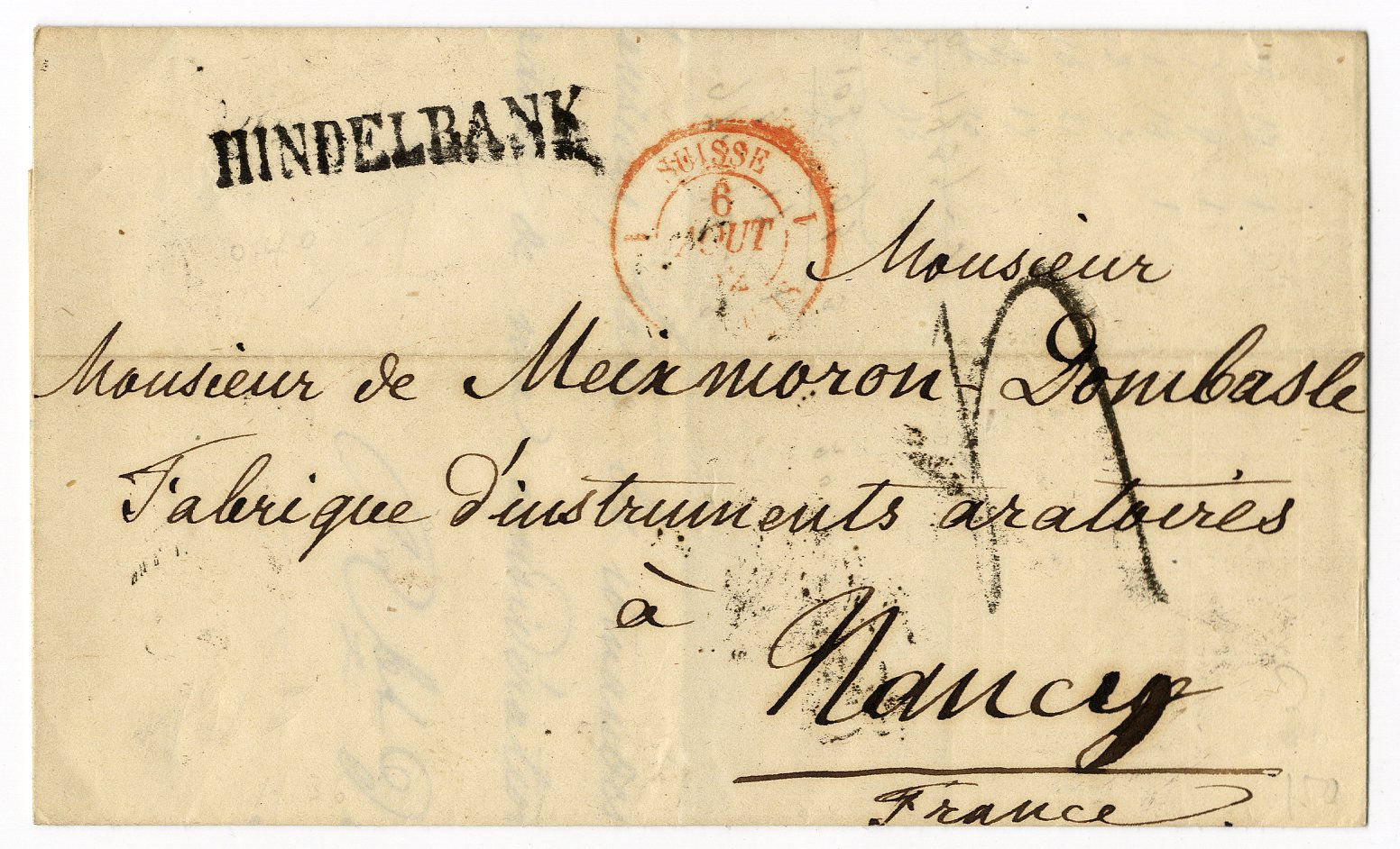 Brief von 1852 von Hindelbank nach Frankreich