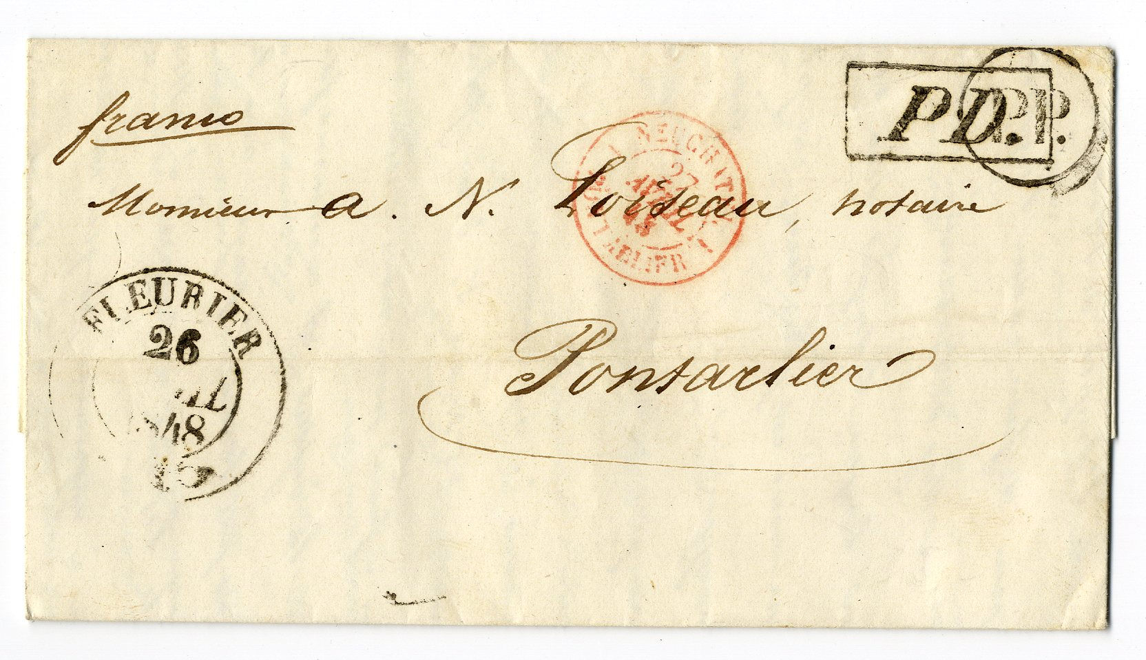 Brief von Fleurier nach Pontarlier von 1848