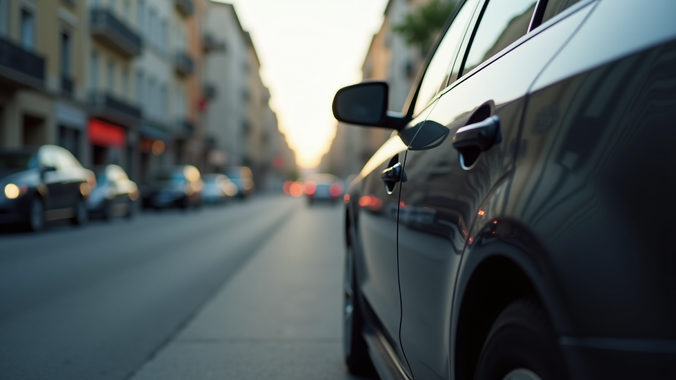 Eye-level view of a car with tinted windows parked on a street