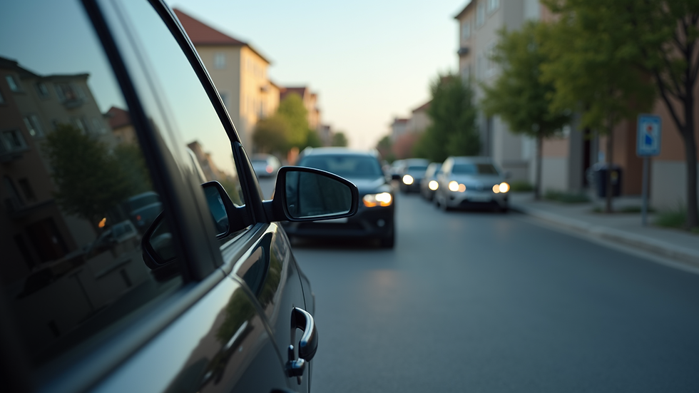 Eye-level view of a car with tinted windows parked on a street