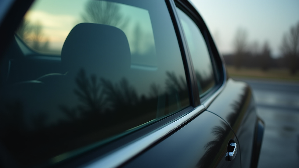 Close-up view of a car window with dark tint film applied