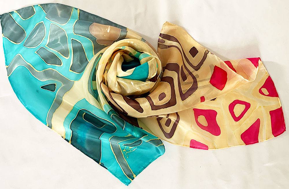 Hand Painted Silk Scarf Cells  45x180cm