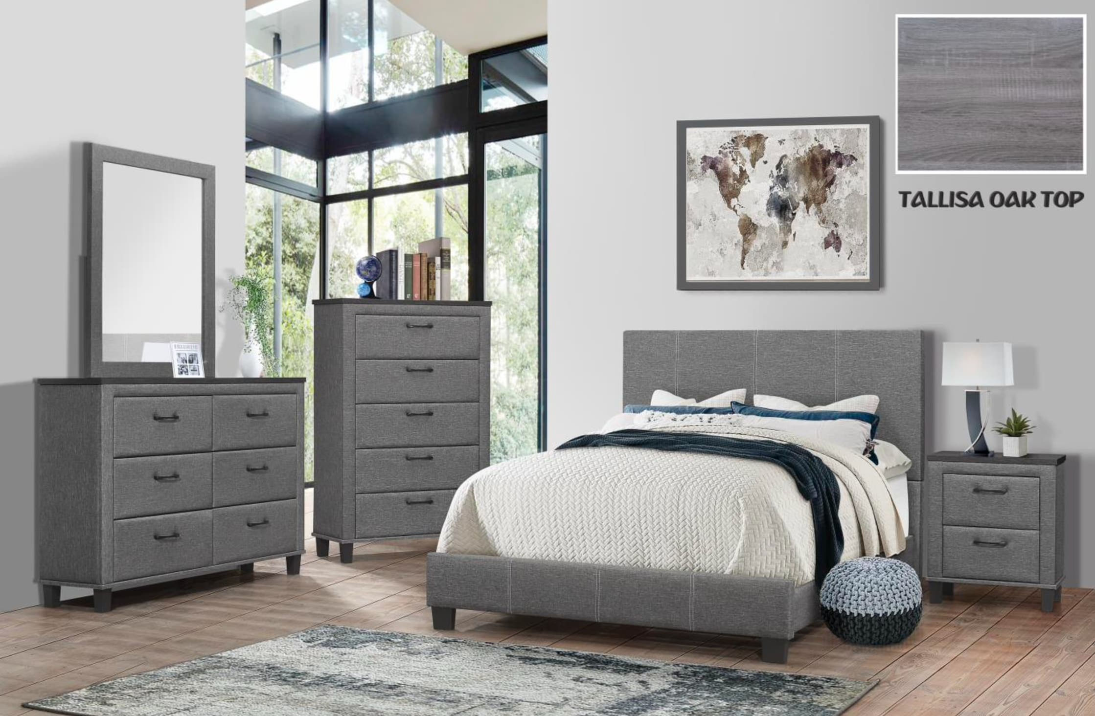 Recámara 1200 de 5 piezas Queen size tapizada color gris