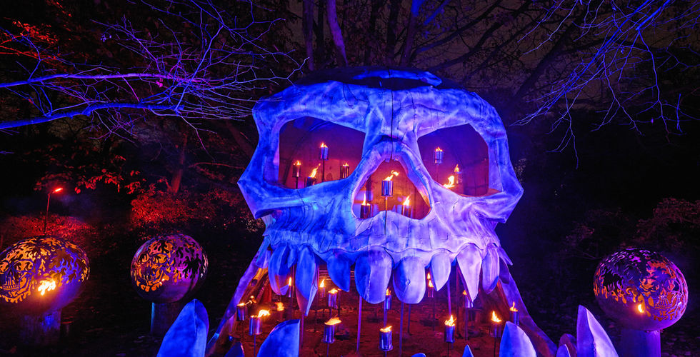 A skull with huge teeth made from metal surrounded by fire
