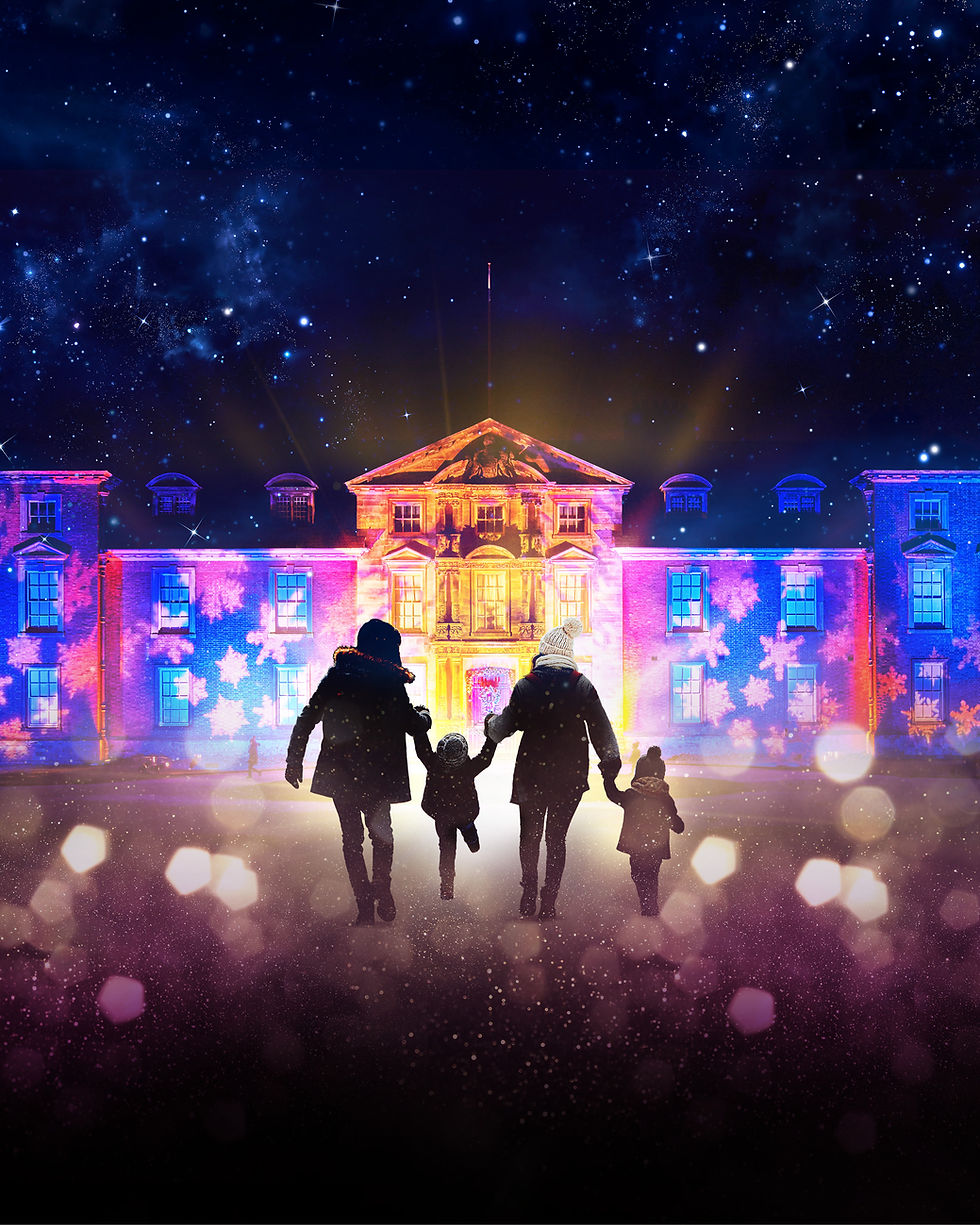 A silhouette of a couple both holding each hand of a child in the middle in front of Dunham Massey Hall. The hall is lit with blue, organe and pink and has snowflakes projected onto it.