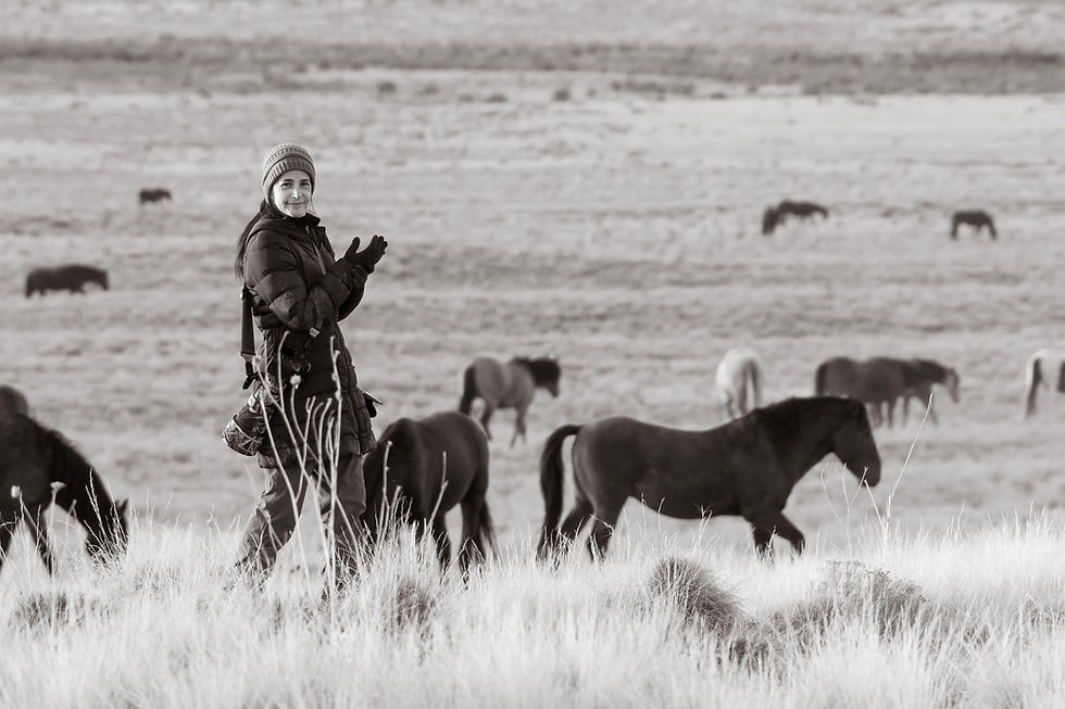 Horse photographer Maria Marriott smiles at the camera while walking amongst the Onaqui mustangs herd.