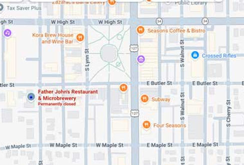 Google Maps view showing the location of Father John's at 301 W Butler St, Bryan, Ohio.