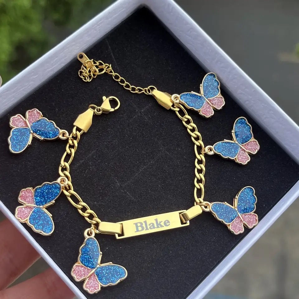Thumbnail: Butterfly Charm Engraved Bracelet