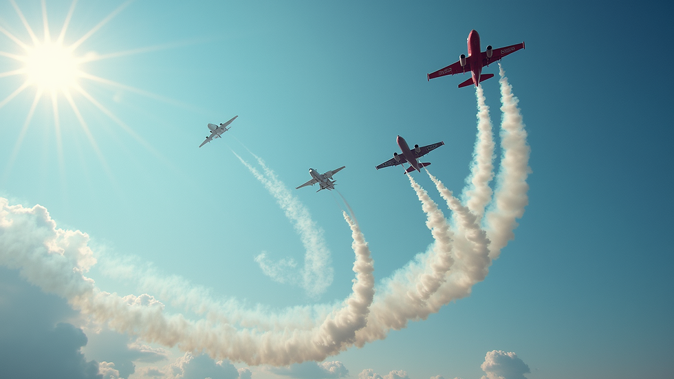 Eye-level view of a vibrant airshow with planes performing aerial maneuvers