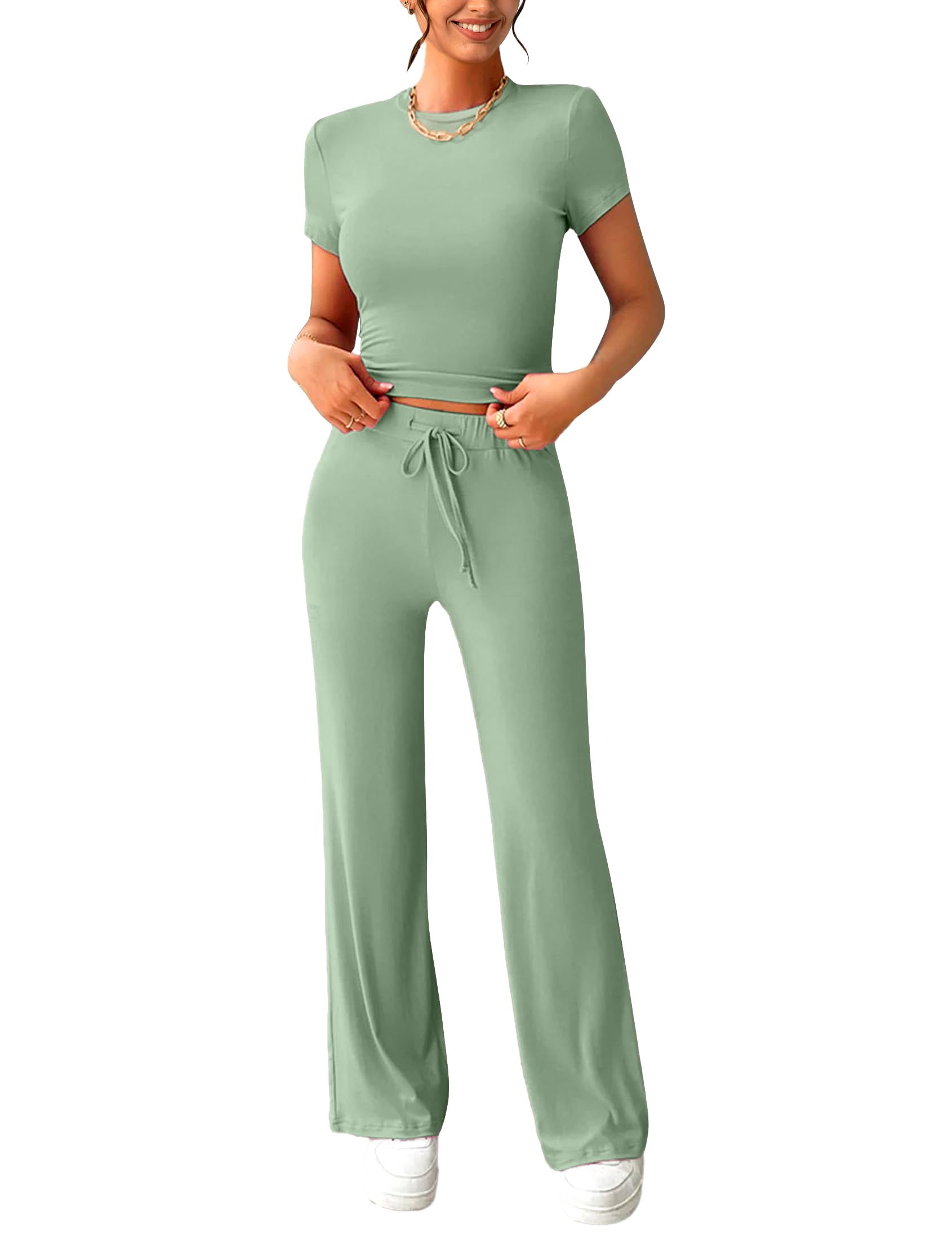 FKEEP Womens 2 Piece Lounge Outfits Sets - Slim Short Sleeve Crop Top & Straight