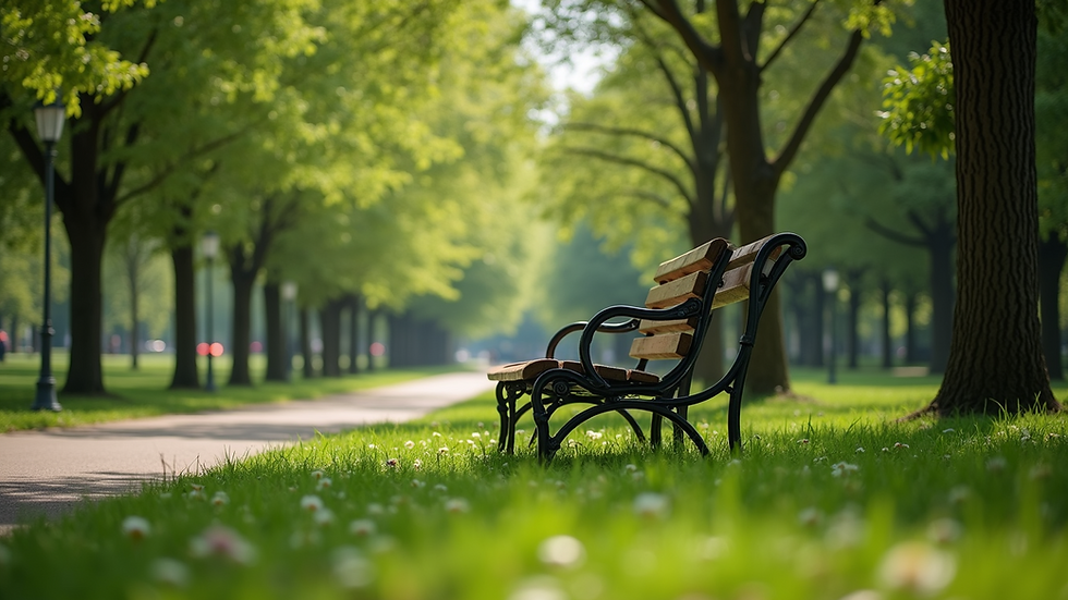 Eye-level view of a peaceful park bench surrounded by green trees