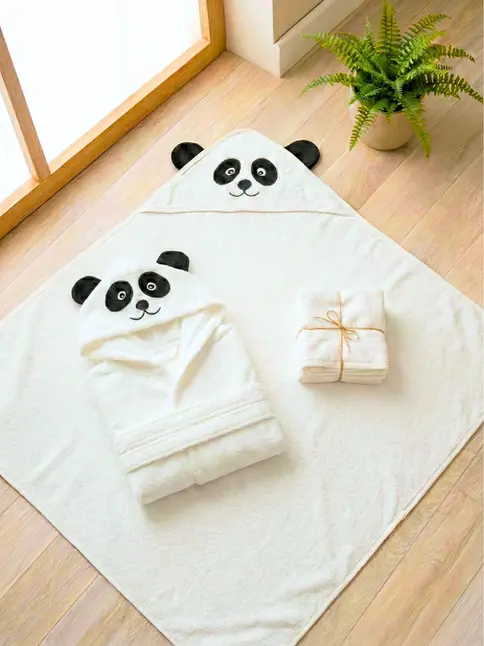 Complete BambooBaby bathtime bundle with panda hooded towel, bamboo washcloths, and bathrobe