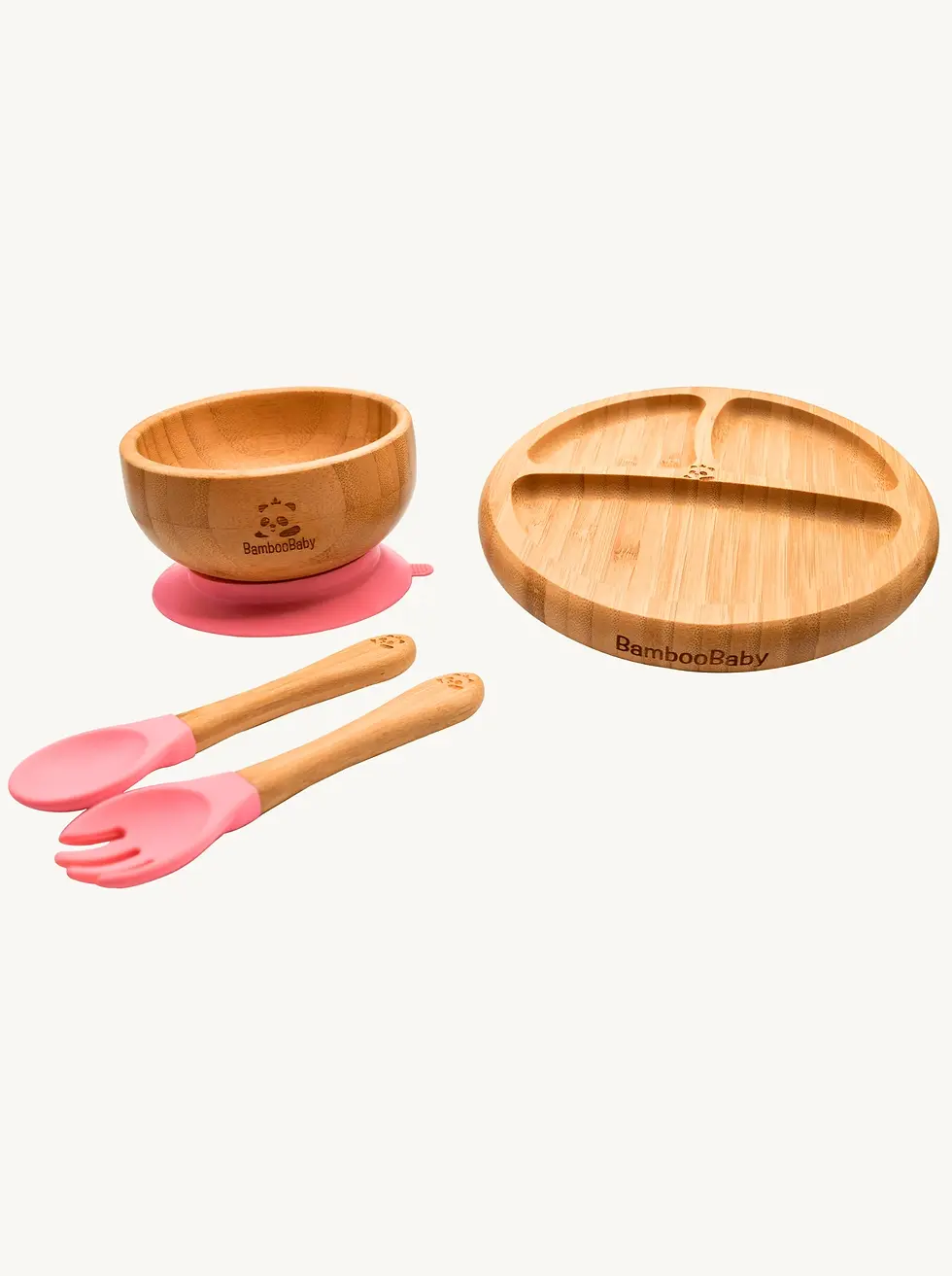 Bamboo baby weaning set with suction bowl, suction plate, spoon and fork for self feeding