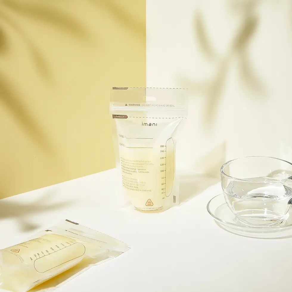 3 Breast Milk Storage Bags on a tray, each filled with milk and labeled, highlighting safe storage for expressed breast milk.