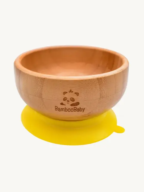 Bamboo baby suction bowl with yellow silicone base