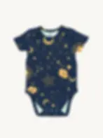 BambooBaby NightSky bamboo baby bodysuit shown lay flat, with short sleeves and celestial print