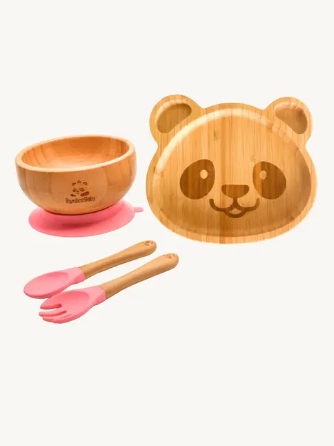 Bamboo panda plate and suction bowl with pink spoon and fork