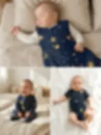 BambooBaby NightSky baby starter bundle showing sleeping bag, sleepsuit, and bodysuit in lifestyle images