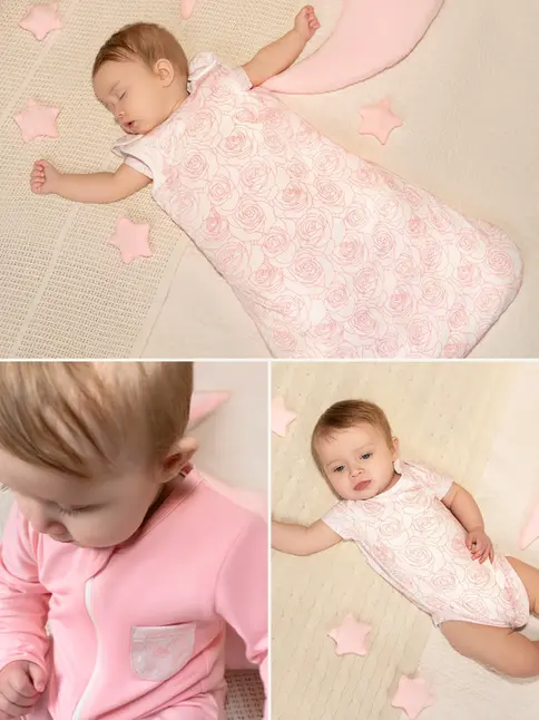 BambooBaby PinkRose baby starter bundle showing sleeping bag, sleepsuit, and bodysuit in lifestyle images