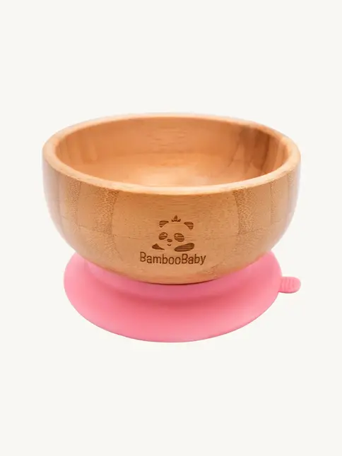 Bamboo baby suction bowl with pink silicone base